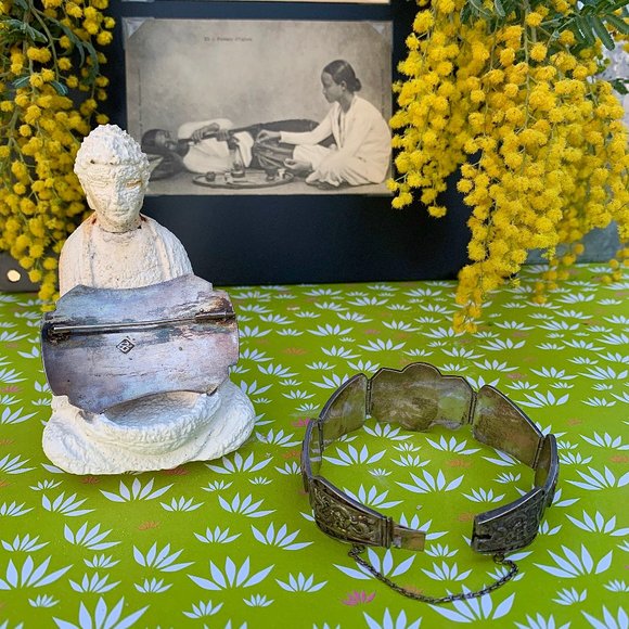 Vintage French colonial era silver brooch and bracelet from Indochina - Picture 4 of 7